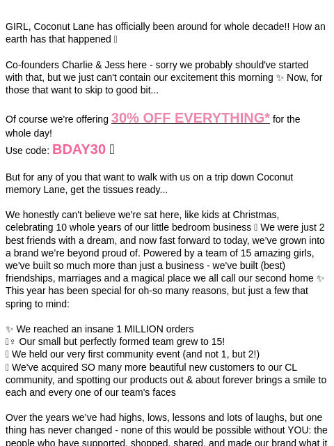 coconut-lane newsletter: 10 YEARS OF CL🥹🥹 50% OFF EVERYTHING*🥂✨🧁