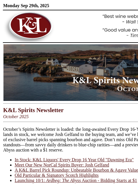 klwines newsletter: October Spirits: Meet Our NorCal Buyer, K&L Barrel...
