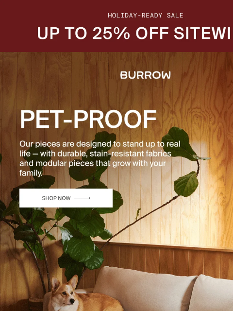 burrow newsletter: Pet tested. Kid approved. Up to 25% Off.