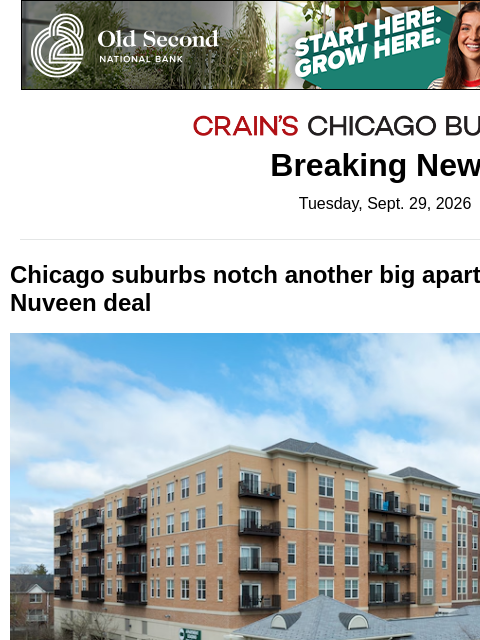 crainalerts newsletter: Nuveen buys Elmhurst apartments for $91M