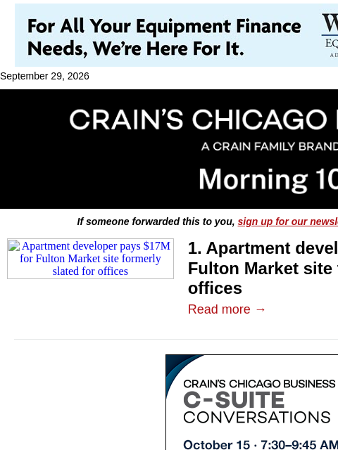 crainalerts newsletter: Apartment developer scoops up Fulton Market site