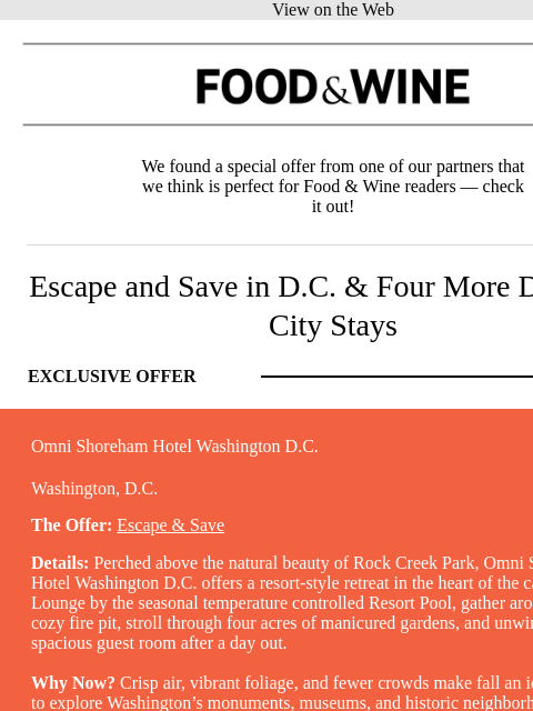 meredith newsletter: Escape and Save in D.C. & Four More Delicious City...