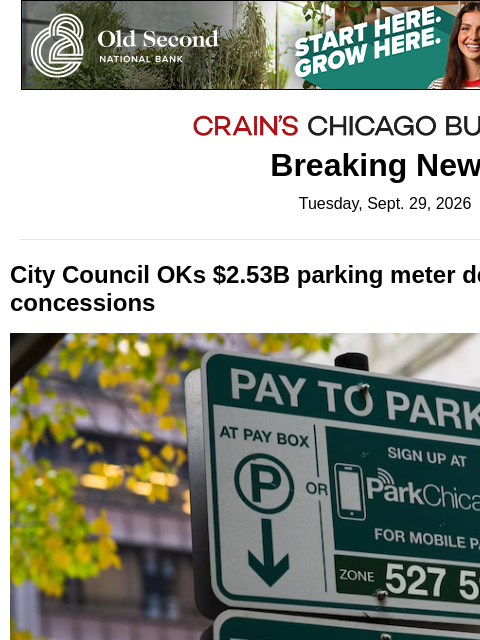 crainalerts newsletter: Council OKs parking meter deal