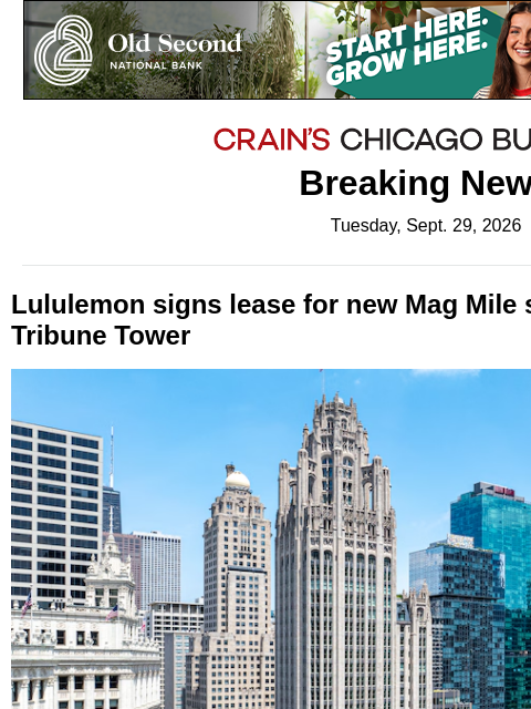 crainalerts newsletter: Lululemon coming to the base of Tribune Tower