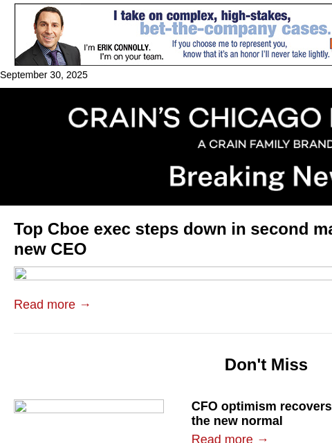 crainalerts newsletter: Top Cboe exec stepping down