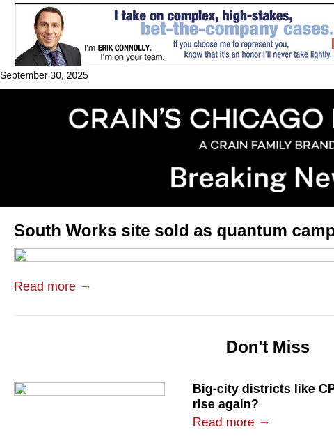 crainalerts newsletter: South Works site sold as quantum campus beckons