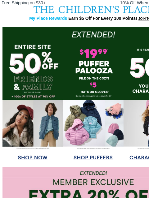 childrensplace newsletter: EXTENDED: Take 50% off everything + extra 20% for ...