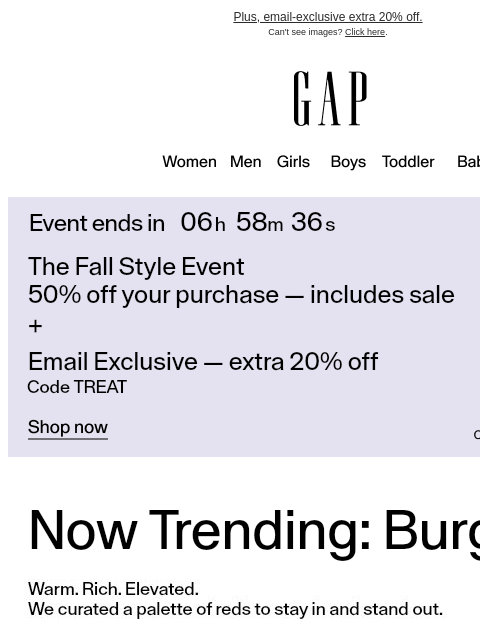 gap newsletter: Burgundy for fall  +  50% off your purchase