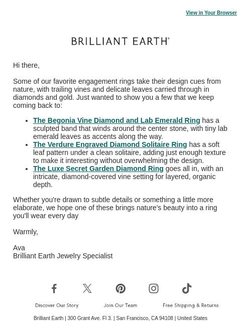 brilliantearth newsletter: Rings inspired by nature's quiet details