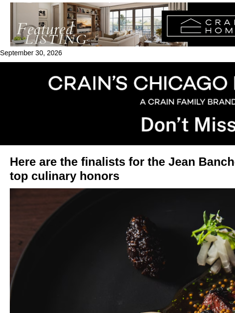 crainalerts newsletter: Finalists named for Chicago's top culinary honors