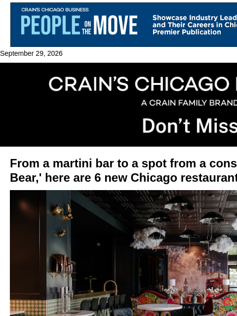 crainalerts newsletter: Six new Chicago restaurants to try