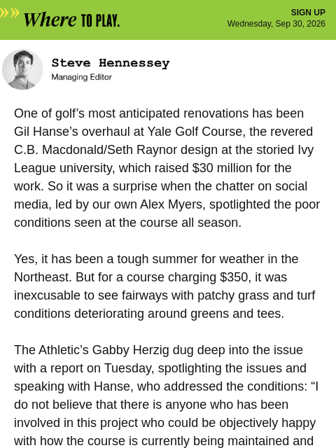 golfdigest newsletter: Yale Golf Course’s $30 million problem