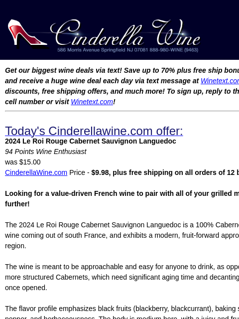 winelibrary newsletter: 2024 Le Roi Rouge Cabernet Sauvignon Languedoc (94...