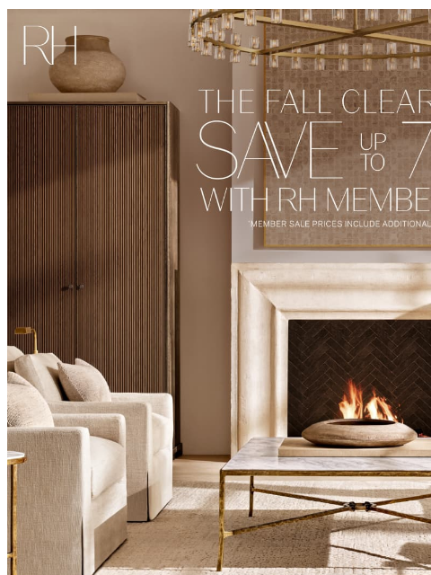 rh newsletter: Save Up to 70% on Living, Dining, Bedroom & More