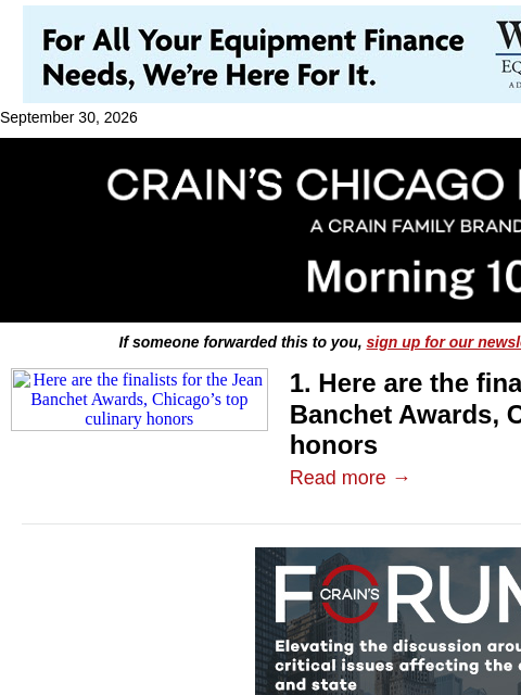 crainalerts newsletter: Jean Banchet Awards name 2027 finalists