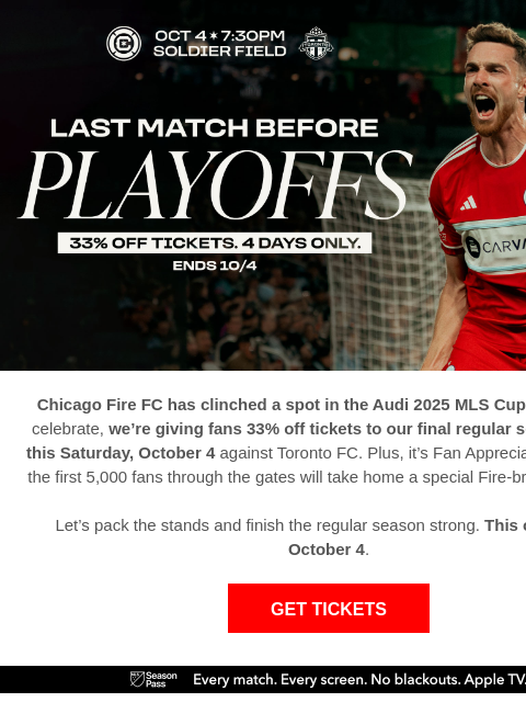 chicagofirefc newsletter: 🎉 The Fire are Playoffs Bound! Celebrate with 33%...