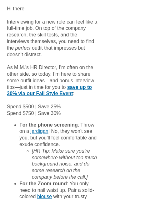 mmlafleur newsletter: CONFIRMED: Your Interview (Outfit) Is Scheduled