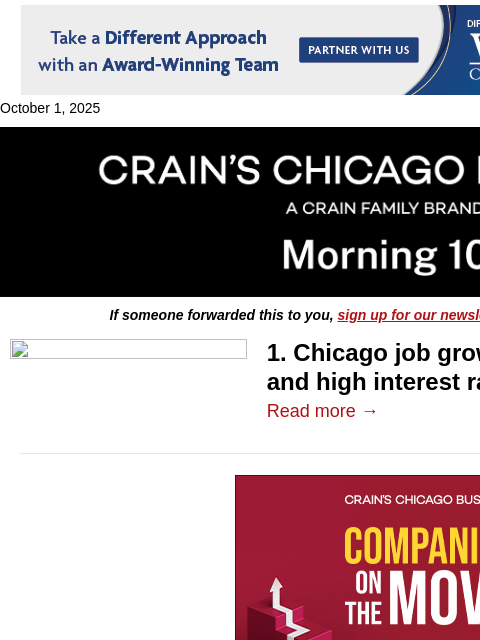 crainalerts newsletter: Chicago job growth falls behind