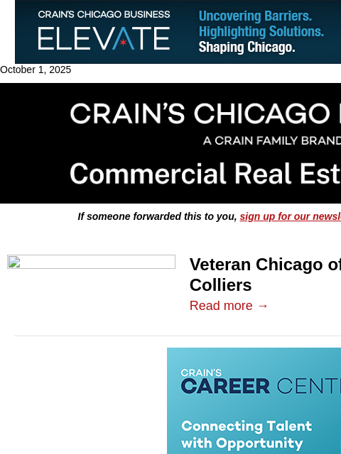 crainalerts newsletter: Veteran Chicago office broker jumps to Colliers