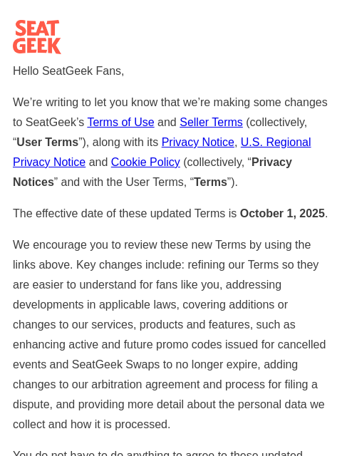 seatgeek newsletter: Changes to SeatGeek’s Terms & Privacy Notice 