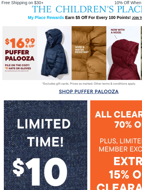 childrensplace newsletter: Puffer Palooza $16.99 & up 👀 (hoods too!)