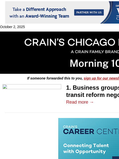 crainalerts newsletter: Business groups turn up heat on transit reform