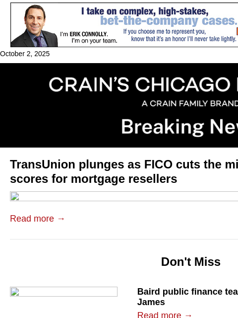crainalerts newsletter: FICO move sends TransUnion shares sliding