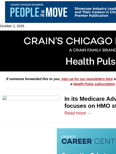 crainalerts newsletter: HCSC doubles down on HMOs