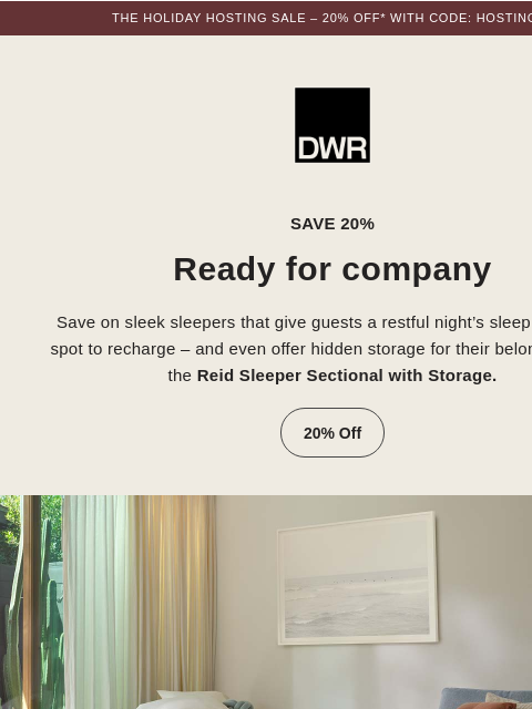dwr newsletter: Save 20% on the Reid Sleeper Sofa