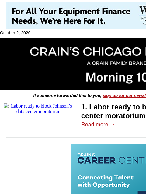 crainalerts newsletter: Data center moratorium pits Johnson vs. labor
