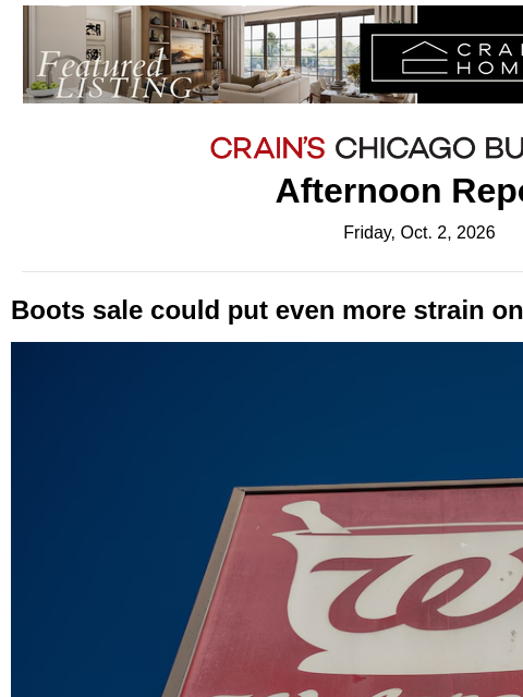crainalerts newsletter: Boots sale could hand Sycamore $4.8B payday