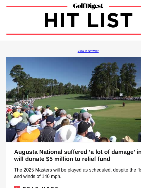 Tiger Woods announces his next golf course design—and it has a familiar name GolfDigest View in Browser Fred Ridley Augusta National suffered 'a lot of damage' in storm, will donate $5 million