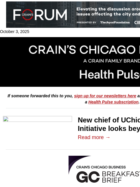 crainalerts newsletter: New UChicago community health chief's vision