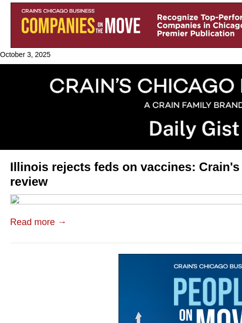 crainalerts newsletter: Illinois rejects feds on vaccines: Crain's Daily G...