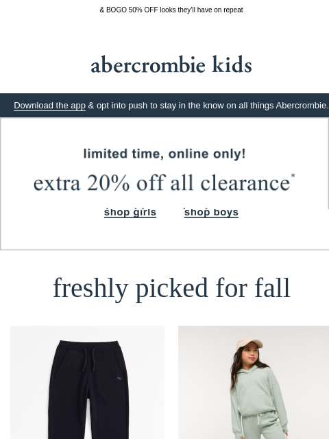 abercrombie newsletter: just in: extra 20% OFF all clearance!