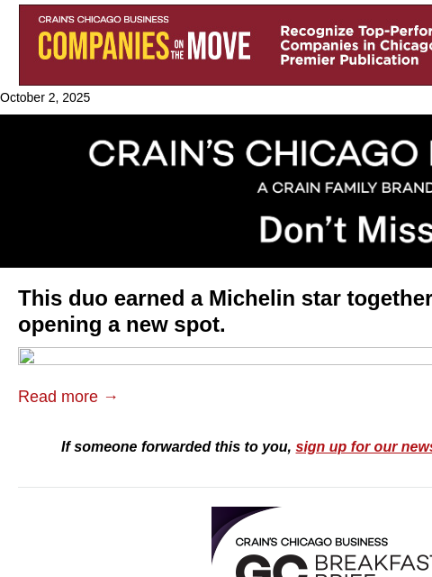crainalerts newsletter: Michelin-starred duo launch new ventures