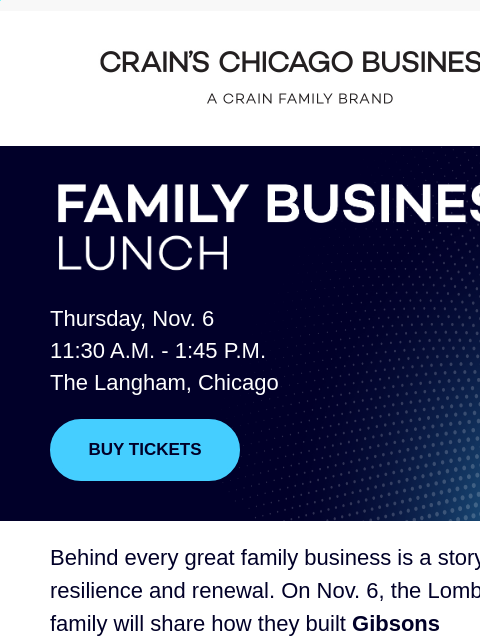crainliveevents newsletter: Hear directly from the Lombardo family on Nov. 6