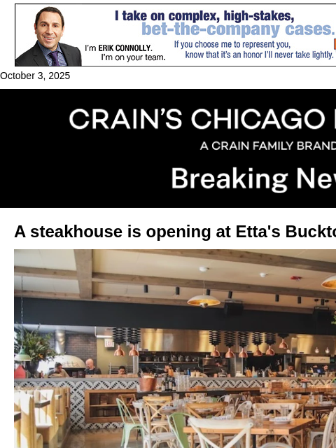 crainalerts newsletter: A steakhouse is opening at Etta's Bucktown address