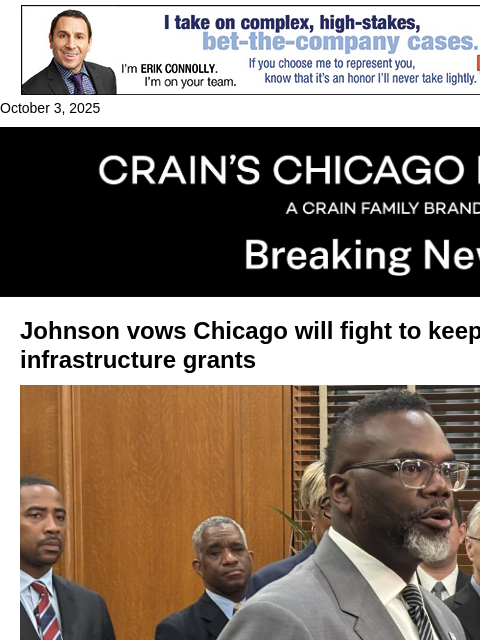 crainalerts newsletter: Johnson vows to fight Trump's transit funds freeze