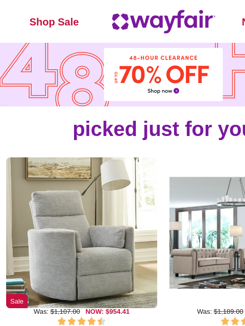 wayfair newsletter: RECLINERS 📣 UP TO 70% OFF 📣 48 HOURS ONLY 📣 