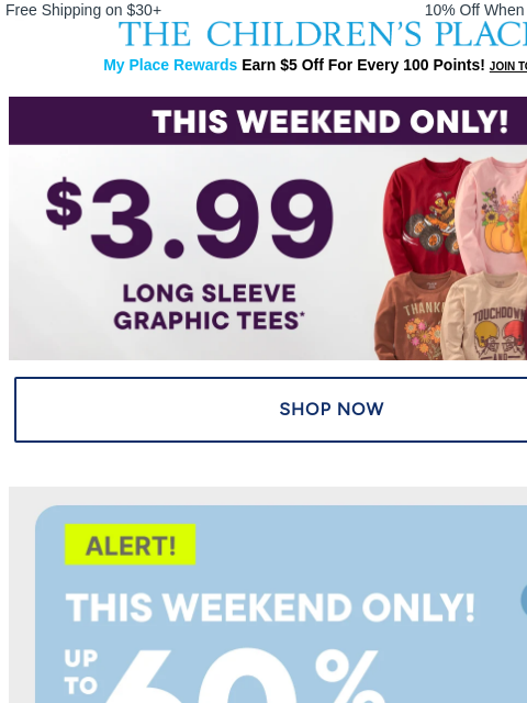 childrensplace newsletter: 2 DAYS ONLY! ⚡$3.99 Long Sleeve Graphic Tees!