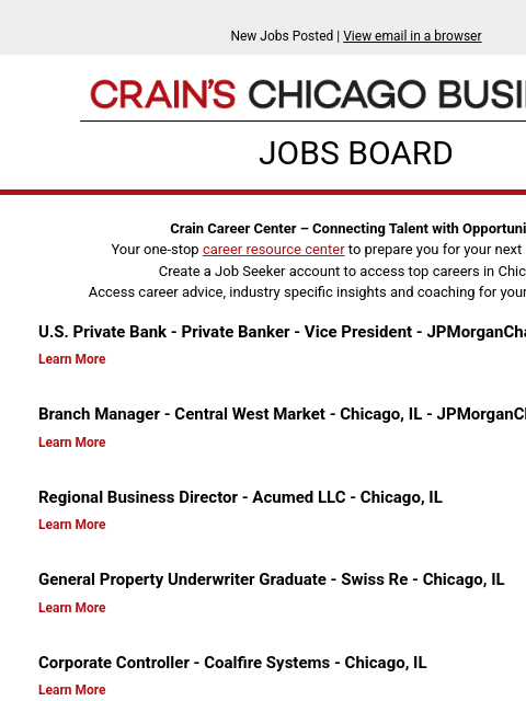 crainalerts newsletter: New jobs posted: U.S. Private Bank - Private Banke...