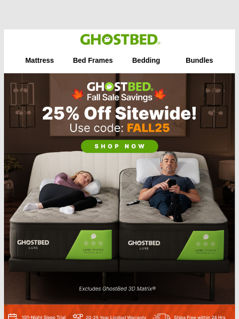 ghostbed newsletter: FINAL CHANCE 🚨 25% off EVERYTHING