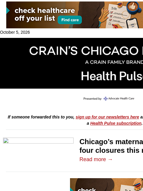 crainalerts newsletter: Chicago hospitals' long maternity care retreat