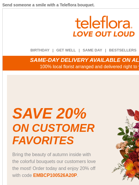 teleflora newsletter: Hurry! 20% Off Best-selling Fall Flowers 🍁🍂