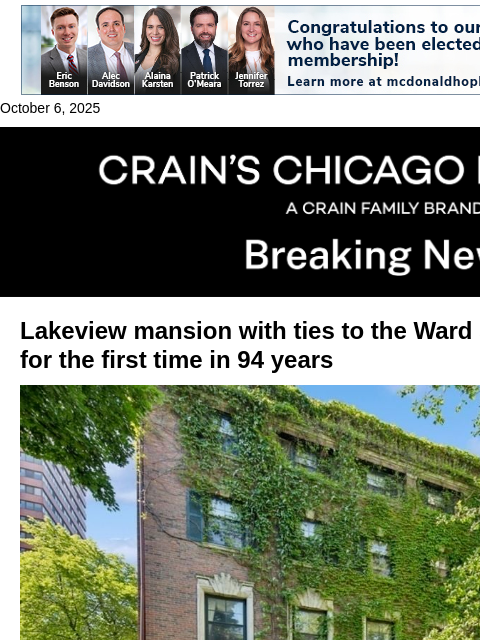 crainalerts newsletter: Lakeview mansion sells for first time in 94 years