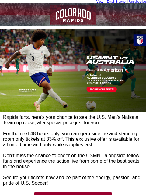 thecoloradorapids newsletter: Just for Rapids fans: 48 Hour USMNT Flash Sale 🔥