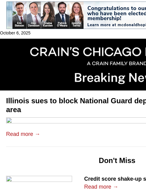 crainalerts newsletter: Illinois sues to block National Guard deployment