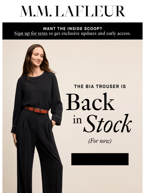 mmlafleur newsletter: BACK IN STOCK: The Trousers of Your Dreams