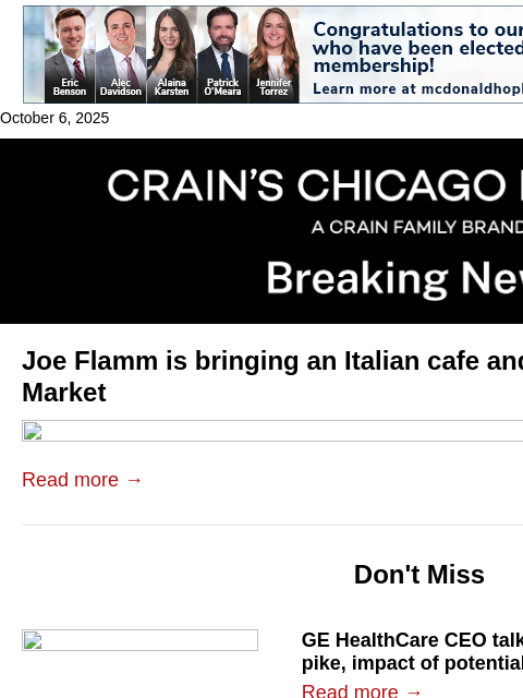 crainalerts newsletter: Fulton Market lands Joe Flamm's next restaurant
